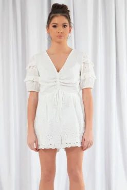 Women Double Second Puff Sleeve Broderie Playsuit