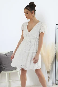 Women Double Second Puff Sleeve Broderie Dress
