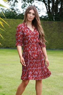Women Double Second Red Floral Chiffon Pleat Detail Dress