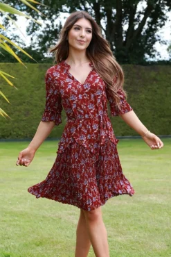Women Double Second Red Floral Chiffon Pleat Detail Dress