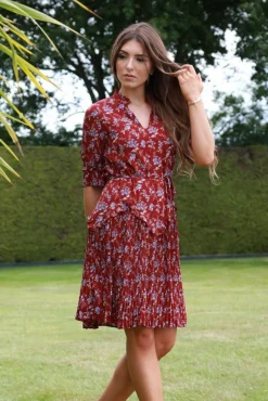 Women Double Second Red Floral Chiffon Pleat Detail Dress
