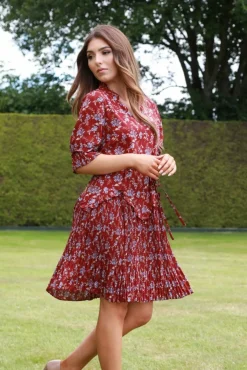 Women Double Second Red Floral Chiffon Pleat Detail Dress