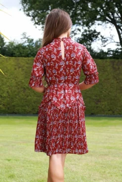 Women Double Second Red Floral Chiffon Pleat Detail Dress