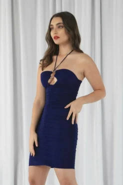 Women Double Second Ruched Bodycon Neck Dress