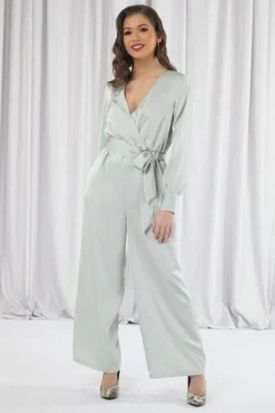 Women Double Second Sage Lux Satin Wrap Jumpsuit