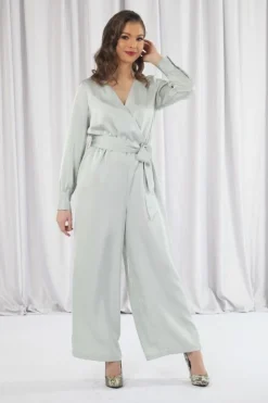 Women Double Second Sage Lux Satin Wrap Jumpsuit