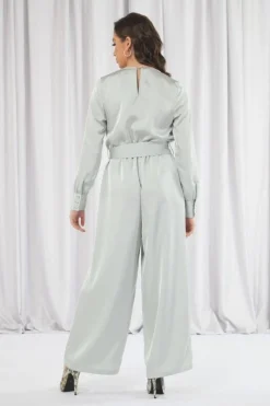 Women Double Second Sage Lux Satin Wrap Jumpsuit