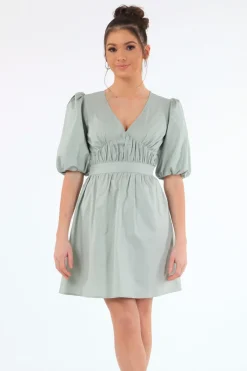 Women Double Second Sage Volume Sleeve Ruched Dress