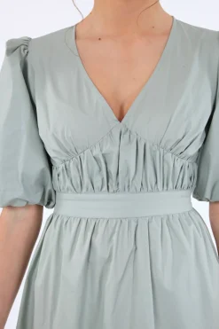 Women Double Second Sage Volume Sleeve Ruched Dress