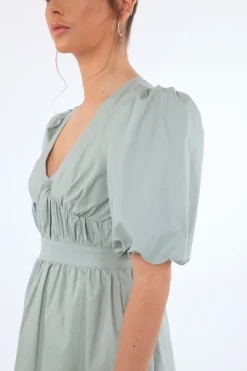 Women Double Second Sage Volume Sleeve Ruched Dress