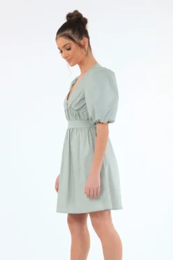 Women Double Second Sage Volume Sleeve Ruched Dress