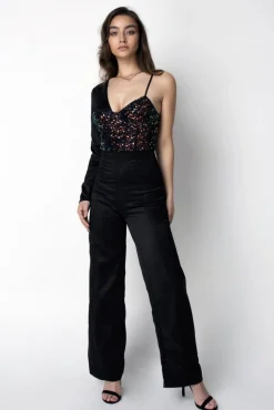 Women Double Second Satin Sequin Asymmetric Blazer Corset Jumpsuit