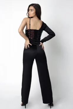 Women Double Second Satin Sequin Asymmetric Blazer Corset Jumpsuit