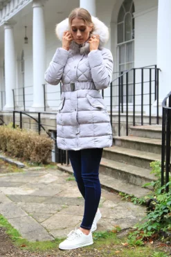 Women Double Second Silver Quilted Longline Puffer