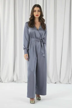 Women Double Second Silver/Blue Lux Satin Wrap Jumpsuit