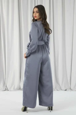 Women Double Second Silver/Blue Lux Satin Wrap Jumpsuit