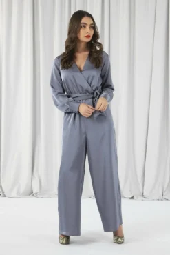 Women Double Second Silver/Blue Lux Satin Wrap Jumpsuit