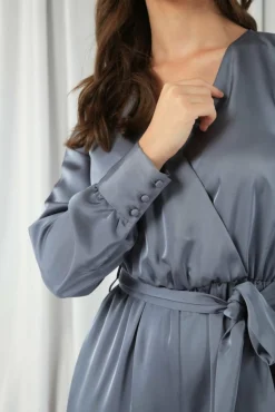 Women Double Second Silver/Blue Lux Satin Wrap Jumpsuit