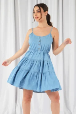 Women Double Second Tiered Strappy Chambray Dress