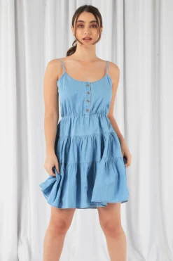 Women Double Second Tiered Strappy Chambray Dress