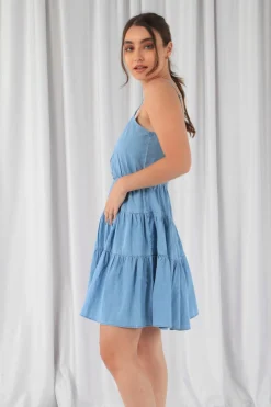 Women Double Second Tiered Strappy Chambray Dress
