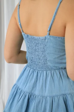 Women Double Second Tiered Strappy Chambray Dress