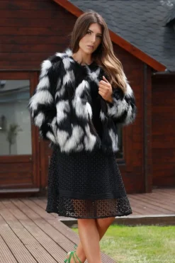 Women Double Second Tone Long Hair Jacquard Faux Fur Coat