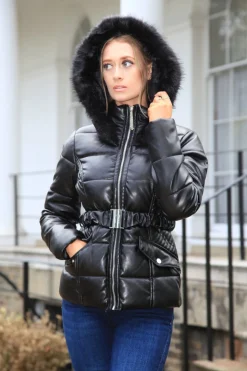Women Double Second Vegan Leather Short Puffer