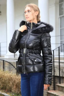 Women Double Second Vegan Leather Short Puffer