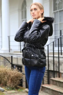 Women Double Second Vegan Leather Short Puffer