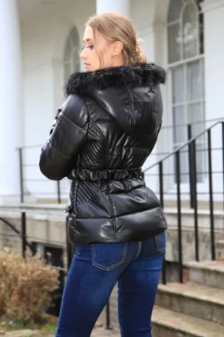 Women Double Second Vegan Leather Short Puffer