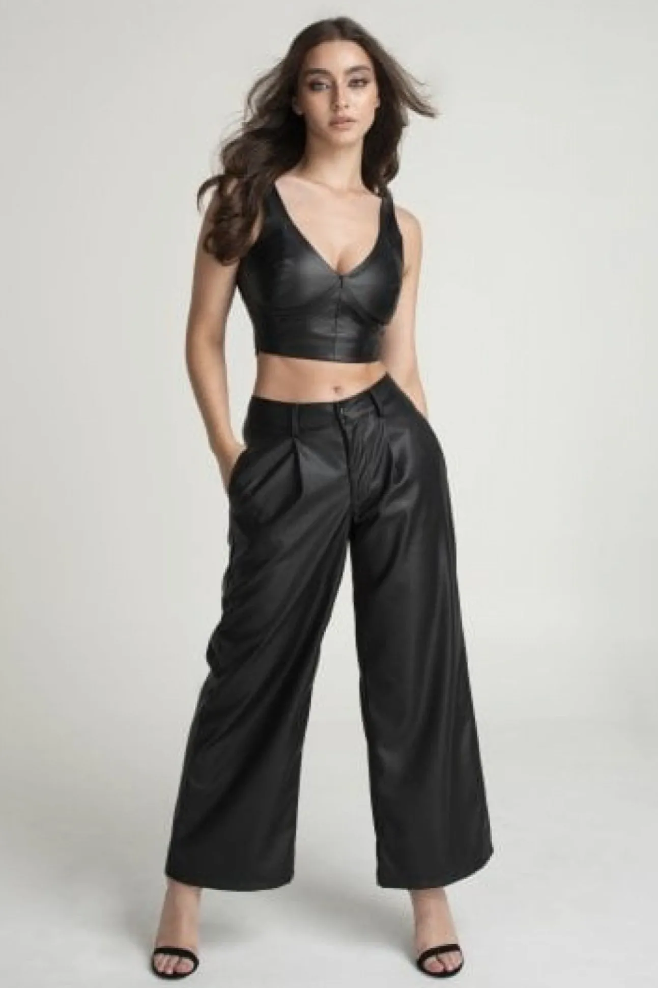Women Double Second Vegan Leather Wide Leg Trousers
