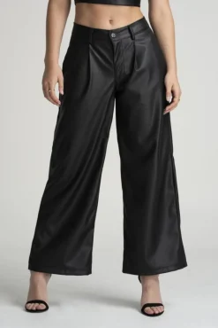 Women Double Second Vegan Leather Wide Leg Trousers