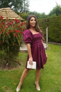 Women Double Second Wine Ruched Puff Sleeve Dress