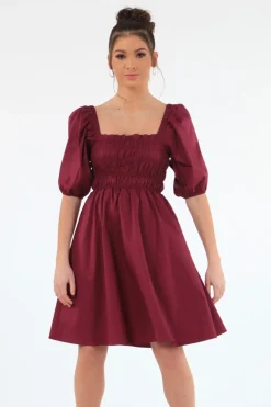 Women Double Second Wine Ruched Puff Sleeve Dress