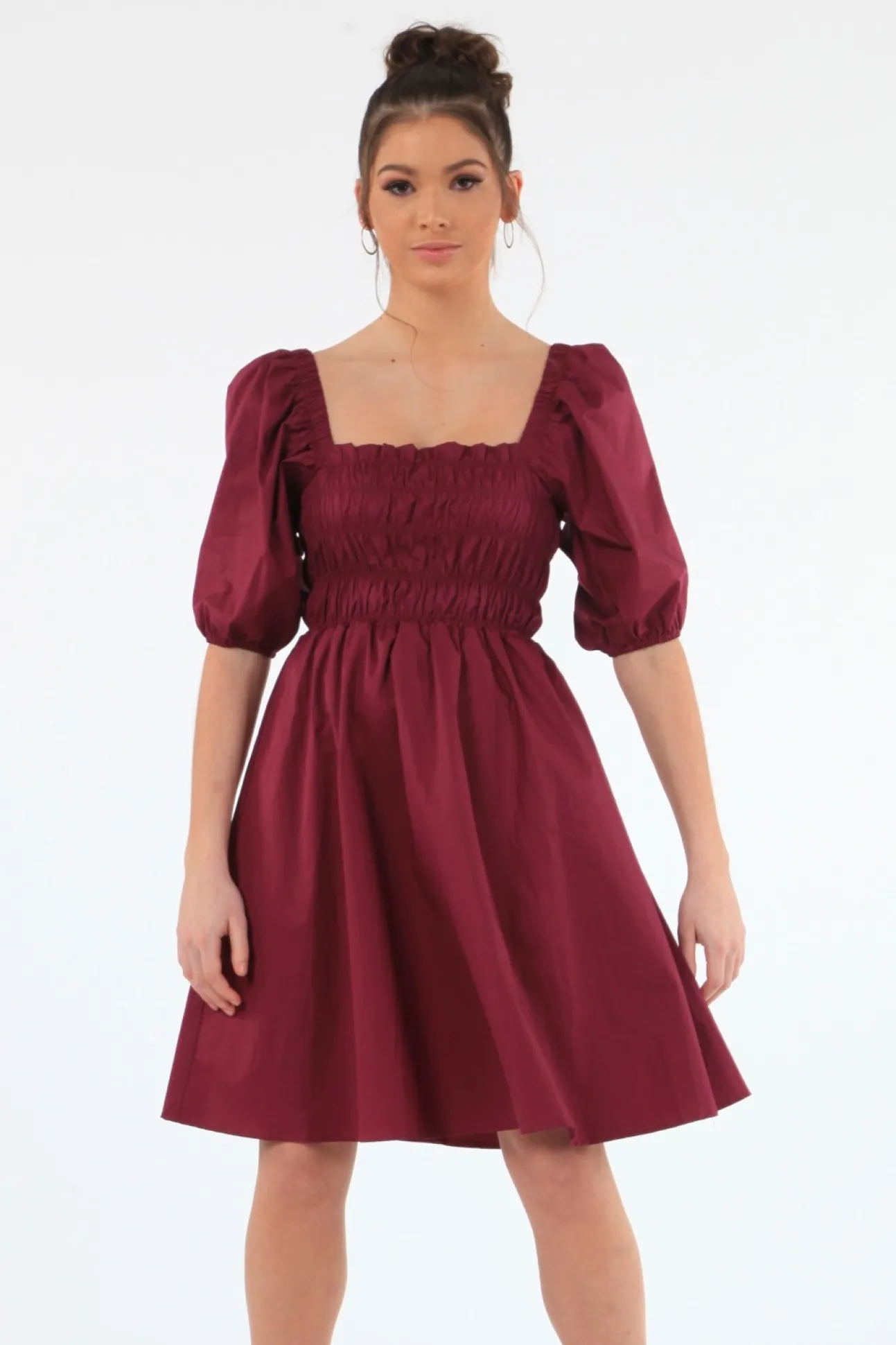 Women Double Second Wine Ruched Puff Sleeve Dress