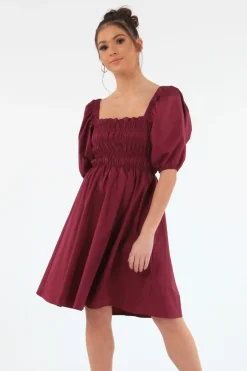 Women Double Second Wine Ruched Puff Sleeve Dress