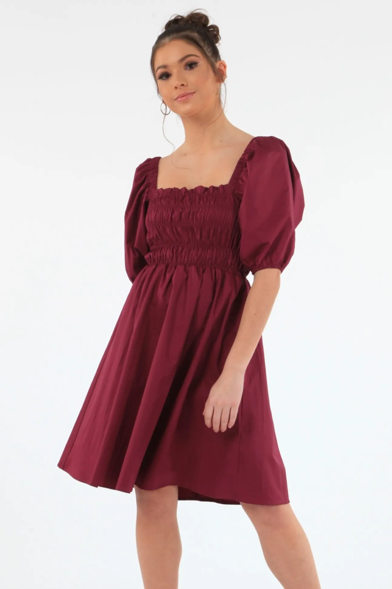 Women Double Second Wine Ruched Puff Sleeve Dress