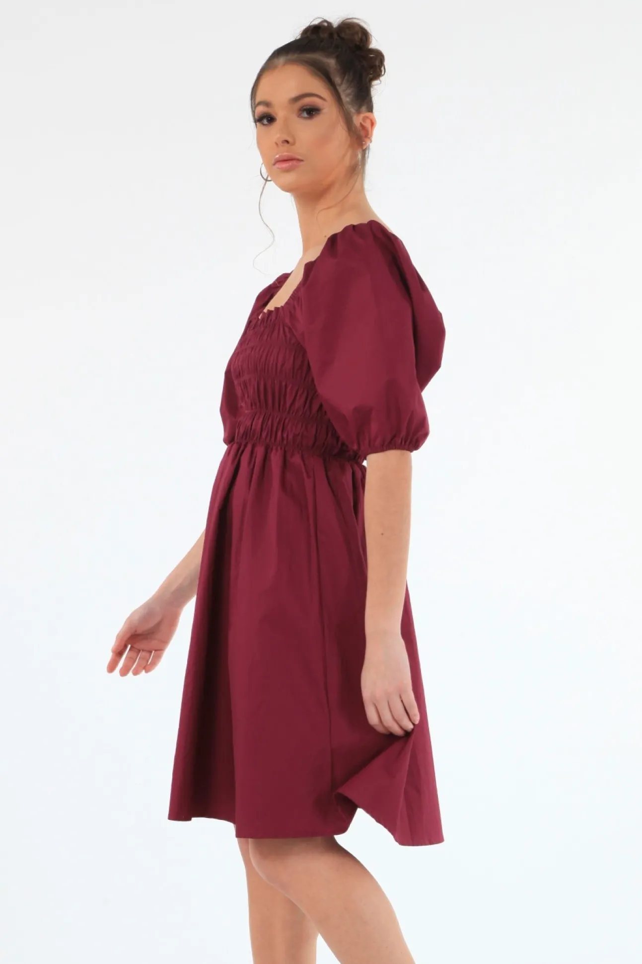 Women Double Second Wine Ruched Puff Sleeve Dress