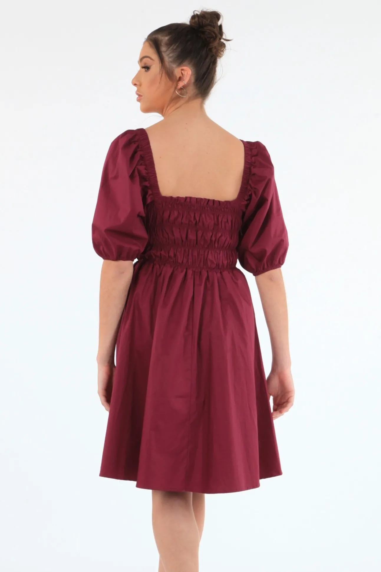 Women Double Second Wine Ruched Puff Sleeve Dress