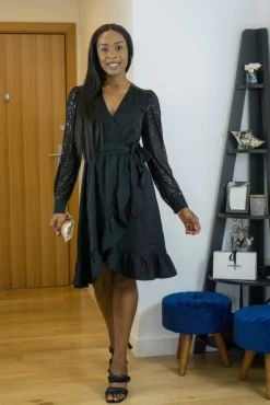 Women Double Second Wrap Dress With Sequin Sleeves