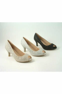 Women Glitz Shoes Margo Glitter Diamante Mid Heel Peep Toe Shoe