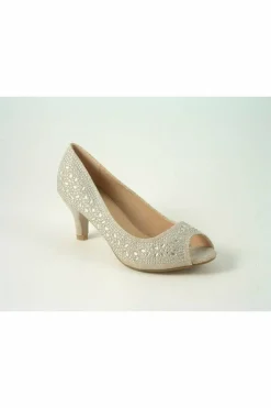 Women Glitz Shoes Margo Glitter Diamante Mid Heel Peep Toe Shoe