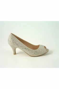 Women Glitz Shoes Margo Glitter Diamante Mid Heel Peep Toe Shoe
