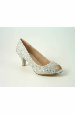 Women Glitz Shoes Margo Glitter Diamante Mid Heel Peep Toe Shoe