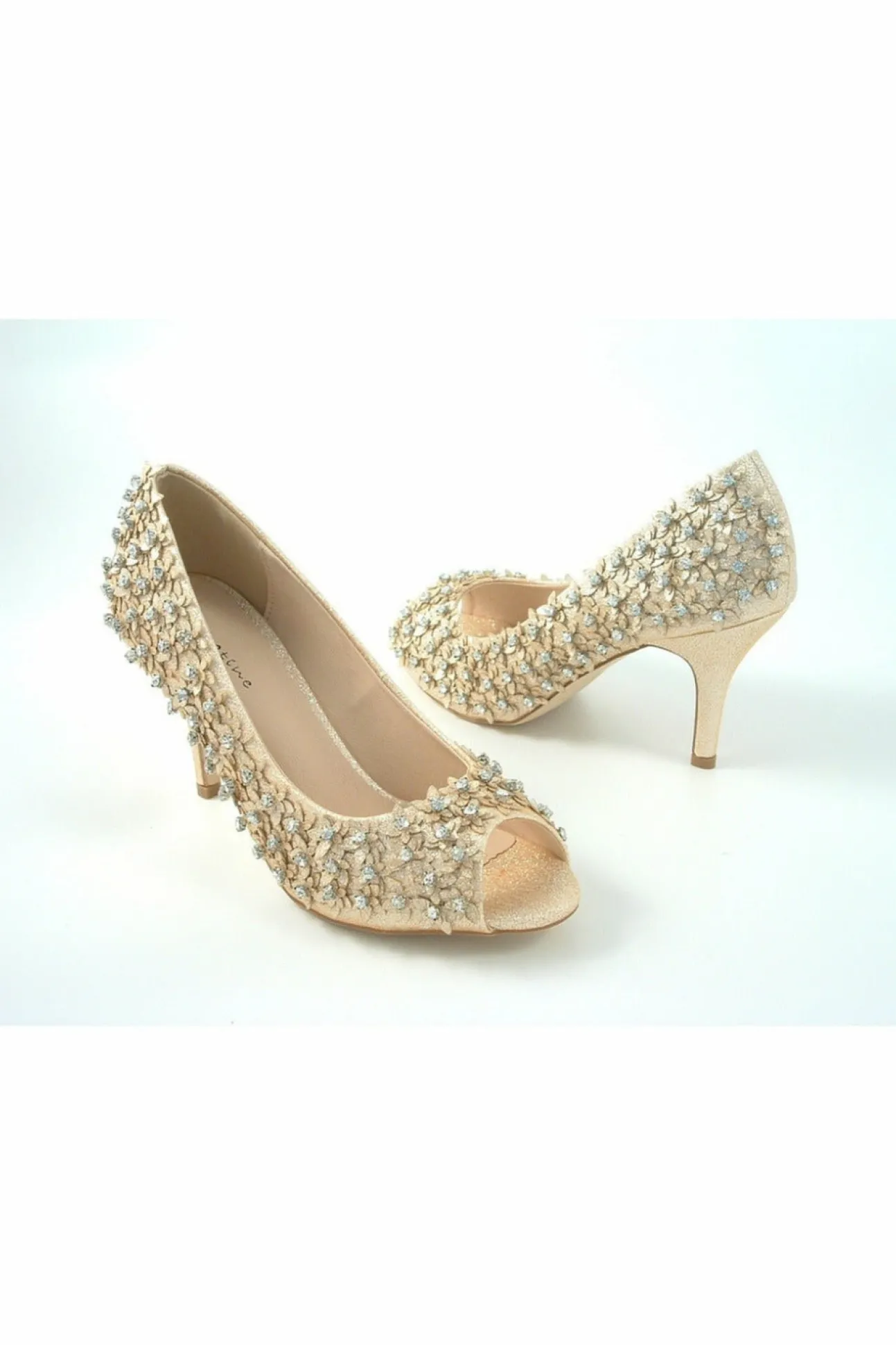 Women Glitz Shoes Mid Heel Flower Peep Toe Court Shoes