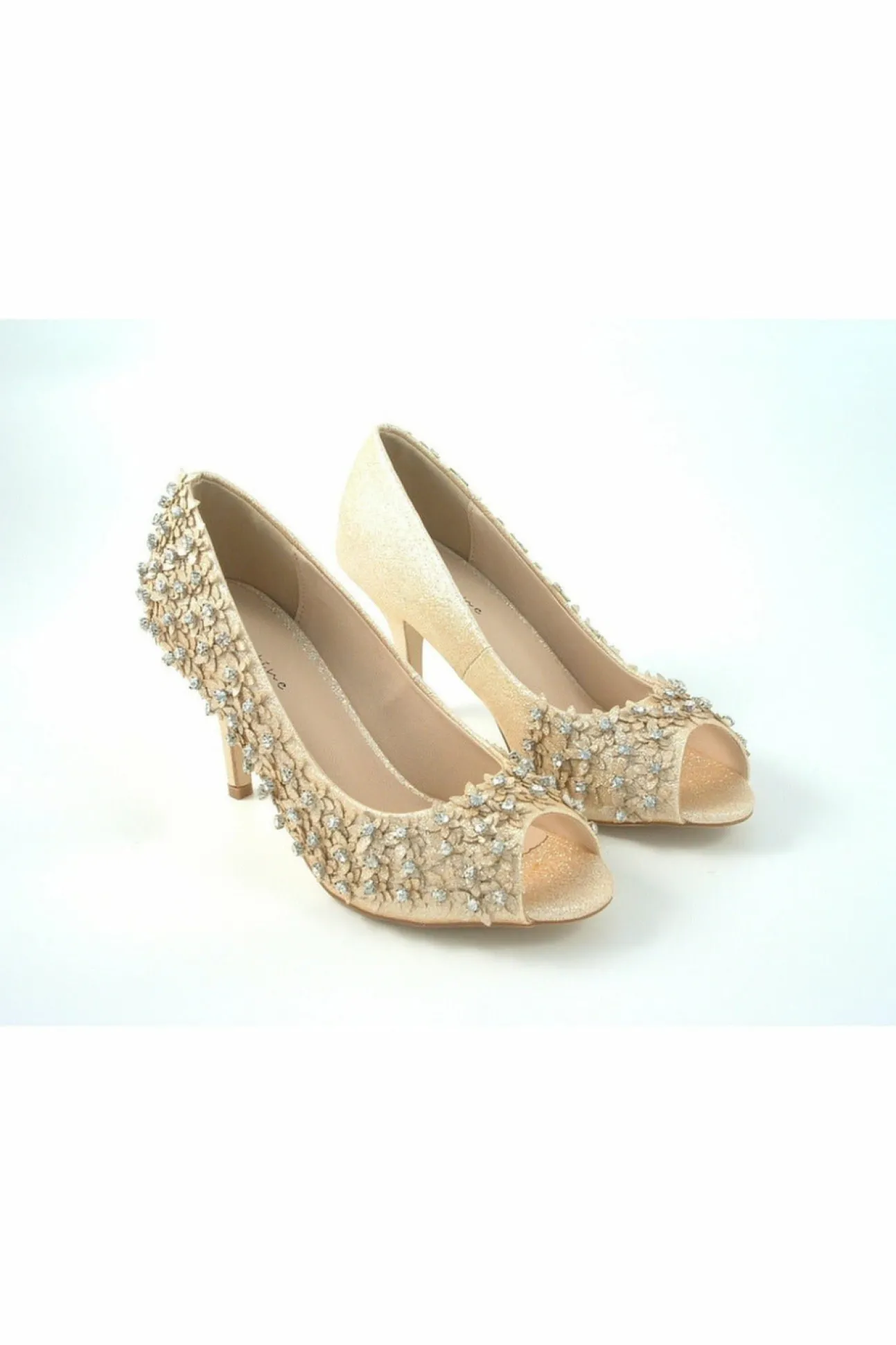Women Glitz Shoes Mid Heel Flower Peep Toe Court Shoes