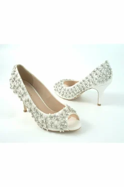 Women Glitz Shoes Mid Heel Flower Peep Toe Court Shoes