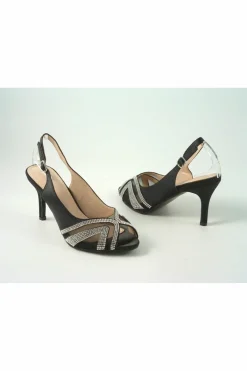 Women Glitz Shoes Sienna Diamante Peep Toe Sling Back Mid Heel