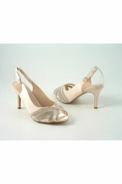 Women Glitz Shoes Sienna Diamante Peep Toe Sling Back Mid Heel